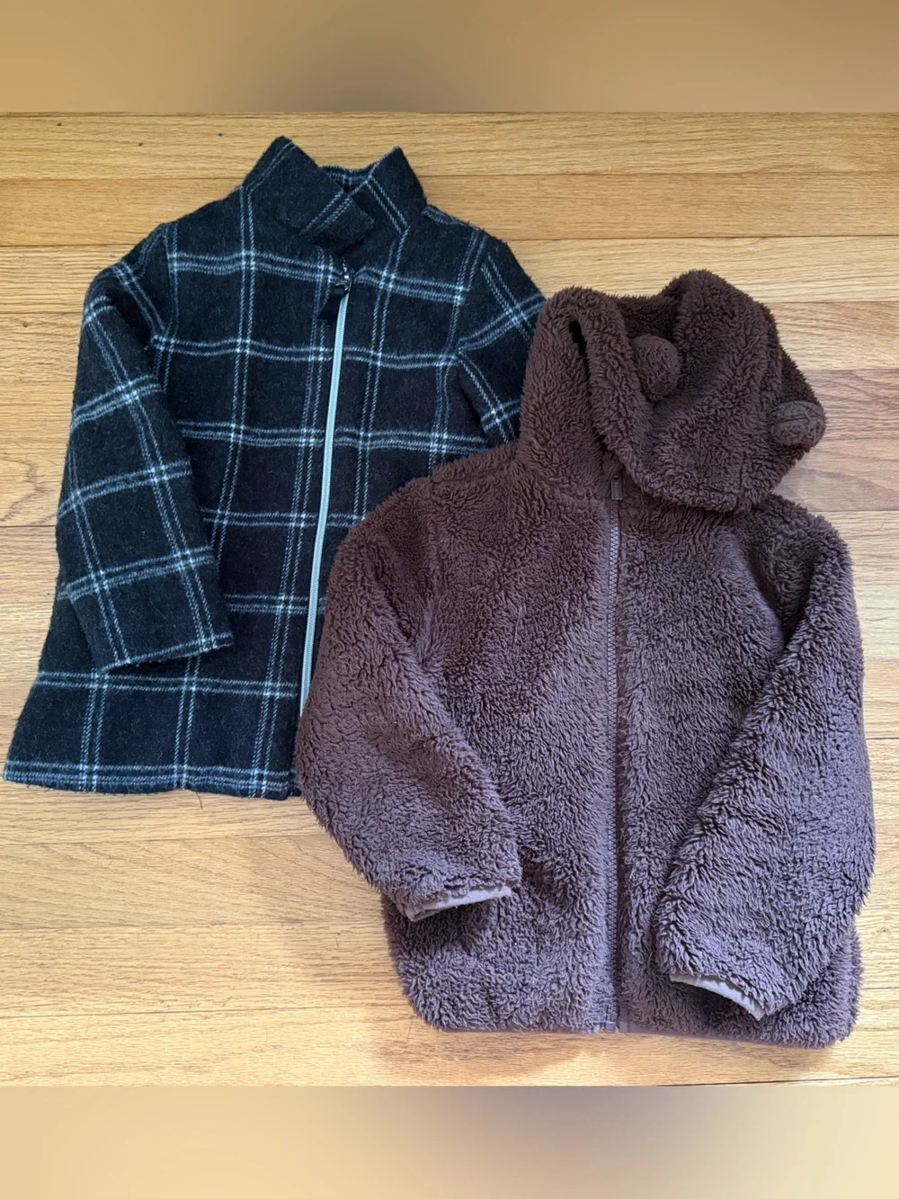 TWO 4T Coats - a Brown Sherpa Hoodie and a Black Plaid